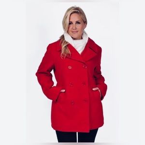 Women's Red Excelled Double-Breasted Faux-Wool Peacoat